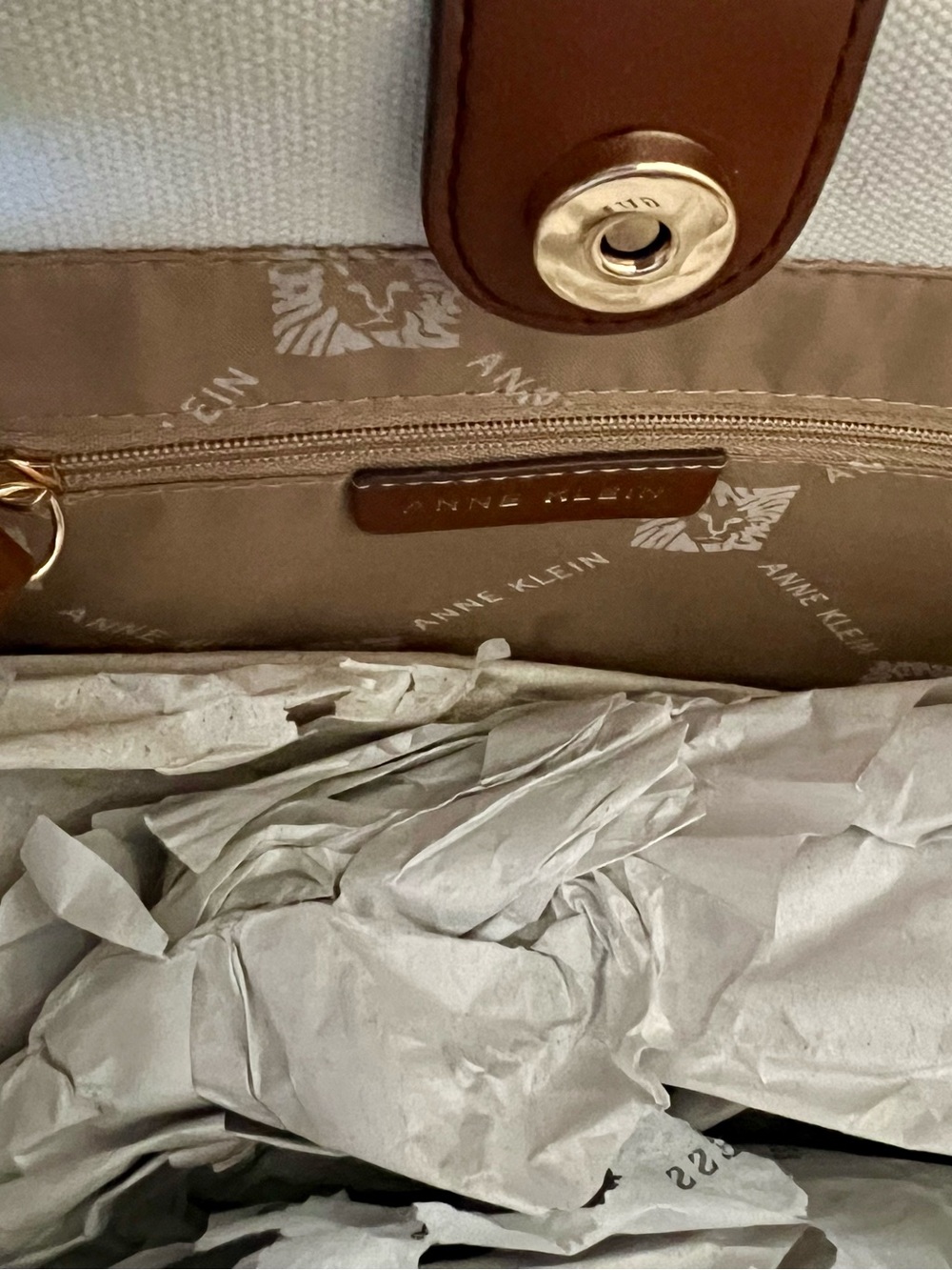 Anne Klein Cream Canvas Tote with Brown Trim and Double Handles - Picture 9 of 10